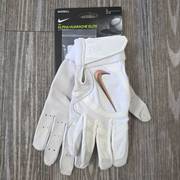 Nike Alpha Huarache Elite Baseball Batting Gloves White Gold Men's Large Leather - Picture 1 of 7